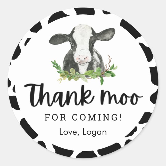 Thank Moo For Coming Cow Theme Birthday Thank You Classic Round Sticker (Front)