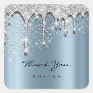 Thank Name 16th Baby Shower Glitter 3D Silver Blue Square Sticker