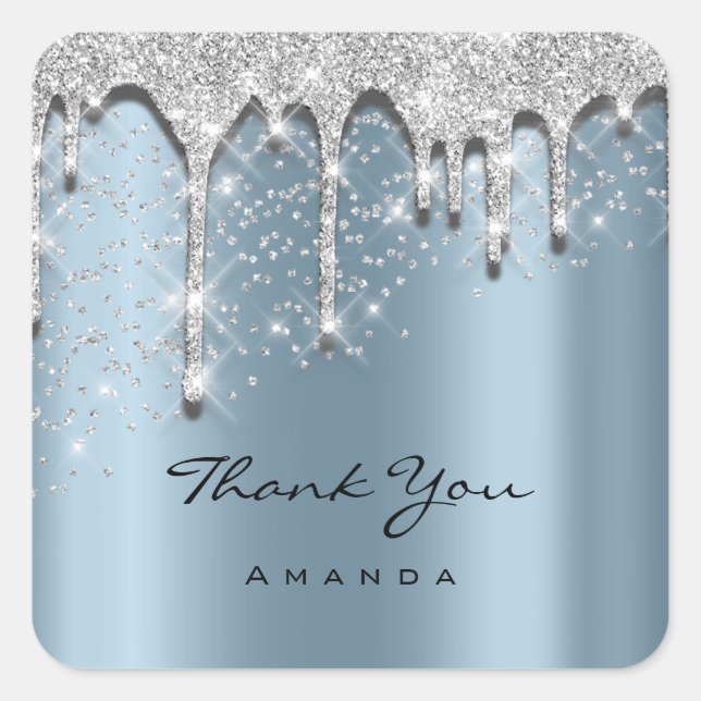 Thank Name 16th Baby Shower Glitter 3D Silver Blue Square Sticker (Front)