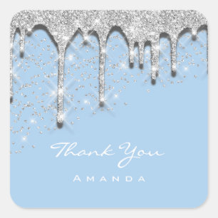 Thank Name 16th Baby Shower Glitter 3D Silver Blue Square Sticker