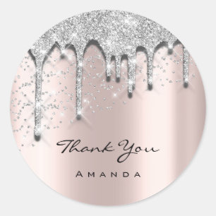 Thank Name 16th Baby Shower Glitter 3D Silver Grey Classic Round Sticker