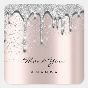 Thank Name 16th Baby Shower Glitter 3D Silver Rose Square Sticker