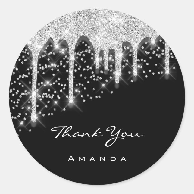 Thank Name 16th Bridal Black Glitter 3D Effect Classic Round Sticker (Front)