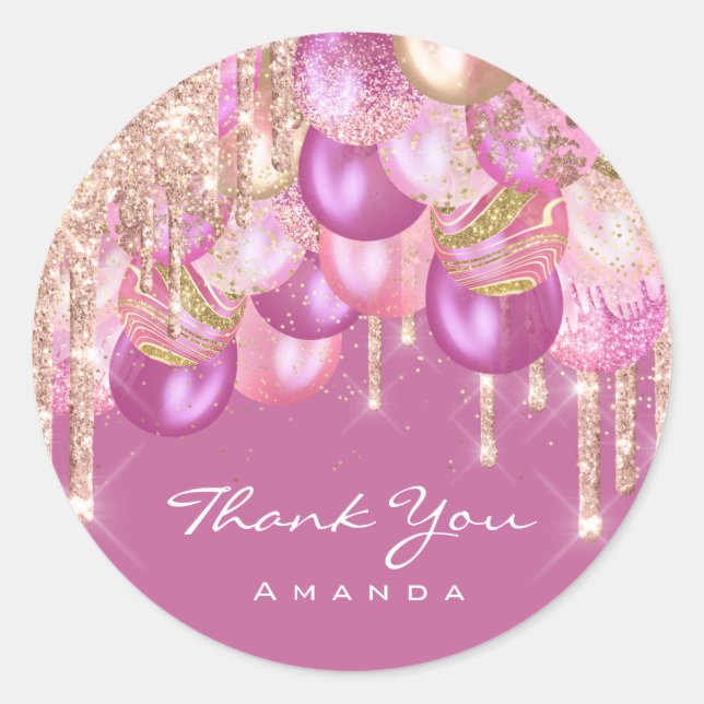 Thank Name 16th Bridal Glitter Ballons Berry Pink Classic Round Sticker (Front)