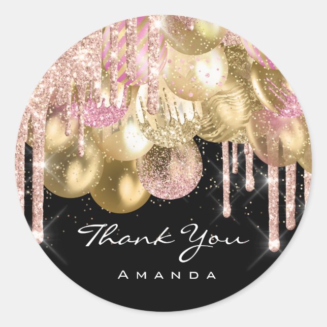Thank Name 16th Bridal Rose Glitter Ballon Black Classic Round Sticker (Front)