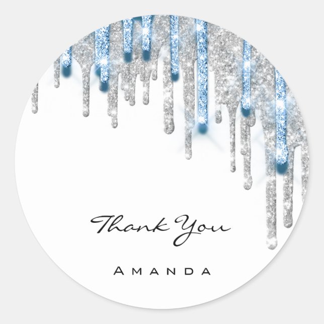 Thank Name 16th Bridal Silver Glitter 3D DripBlue Classic Round Sticker (Front)