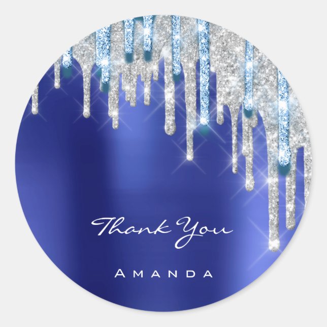 Thank  Name 16th Bridal Silver Glitter Royal Blue Classic Round Sticker (Front)