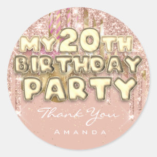 Thank Name 20th Birthday PartyGlitter Ballon Gold Classic Round Sticker