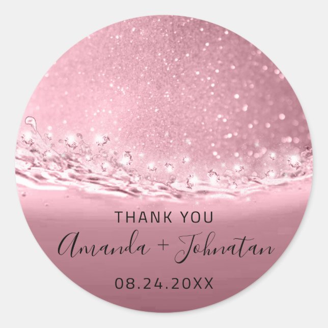 Thank  Name Date Spark Beach Waves Pink Rose Classic Round Sticker (Front)