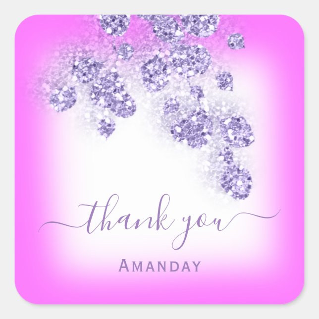 Thank Name Glitter Bridal Sweet 16th Purple Pink Square Sticker (Front)