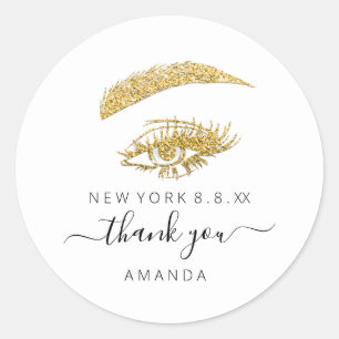 Thank Name Gold Glitter Lashes Logo White Classic Round Sticker