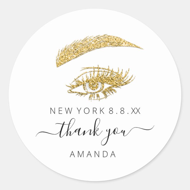 Thank Name Gold Glitter Lashes Logo White Classic Round Sticker (Front)