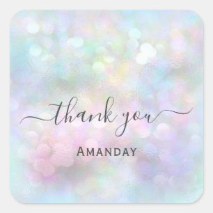 Thank Name Holograph Abstract  Blue Pink Bridal Square Sticker