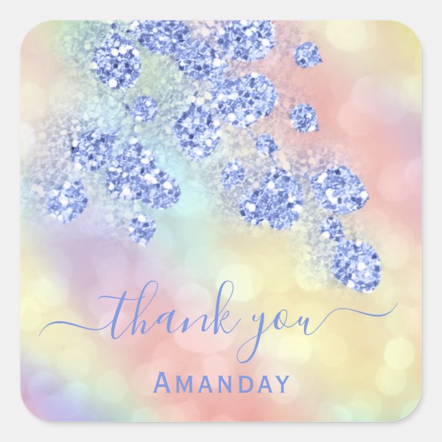 Thank Name  Holograph Floral Glitter Dusty Blue Square Sticker (Front)