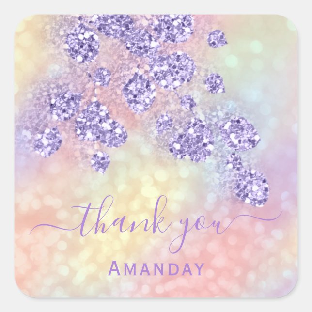 Thank Name Holographic Pink Bridal Lavender Floral Square Sticker (Front)