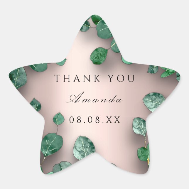 Thank Name Rose Green Eucalyptus Woodland Favour Star Sticker (Front)