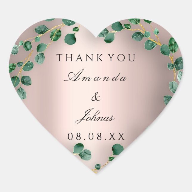 Thank Name Rose Heart Eucalyptus Greenery Wedding Heart Sticker (Front)