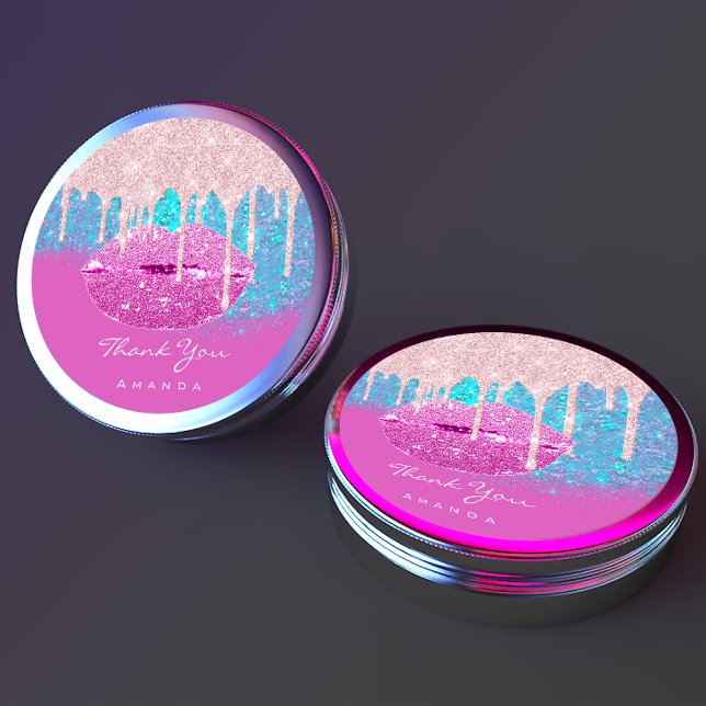 Thank Name Sweet16th Bridal Pink Blue Glitter Lips Classic Round Sticker (Creator Uploaded)