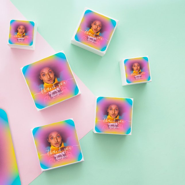 Thank Photo Blue Pink Holograph Birthday Favour Square Sticker (Thank Photo Blue Pink Holograph Birthday Favor Square Sticker)