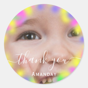 Thank Photo Neon Pink Birthday Party Unicorn Classic Round Sticker
