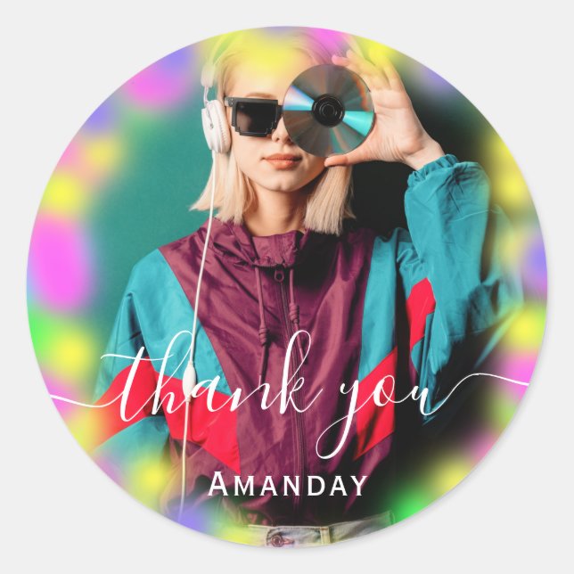 Thank Photo Neon Pink DJ Party Music Production CD Classic Round Sticker (Front)