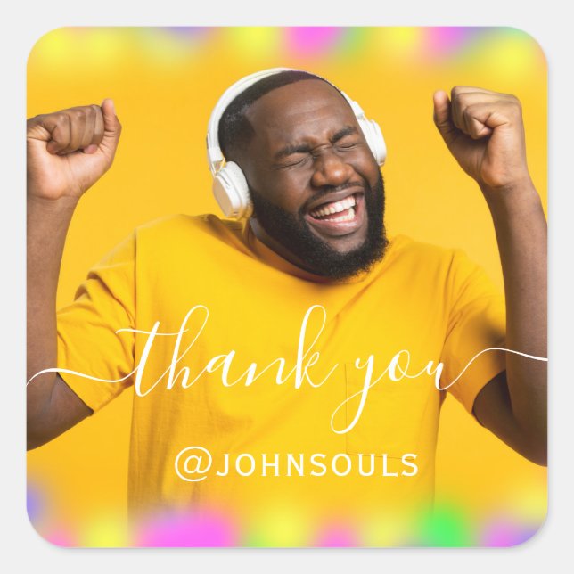 Thank Photo Neon Yellow Holograph Singer DJ Music Square Sticker (Front)