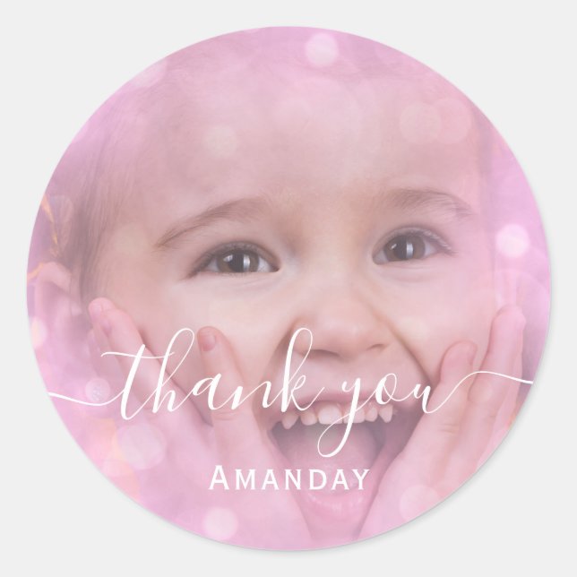 Thank Photo  Pink Birthday Party Girly Classic Round Sticker (Front)