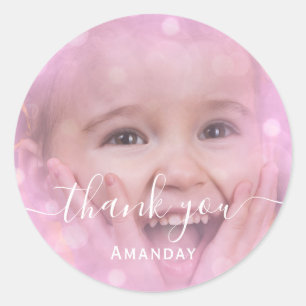 Thank Photo  Pink Birthday Party Girly Classic Round Sticker