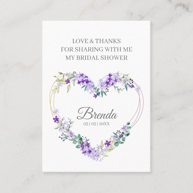 Thank Purple Floral Heart for Bridal Shower Name Business Card (Front)