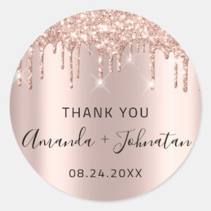 Thank Rose Gold Name Save The Date Black  Drips Classic Round Sticker