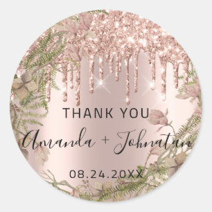 Thank Rose Gold Name Save The Date Wreath Drips Classic Round Sticker