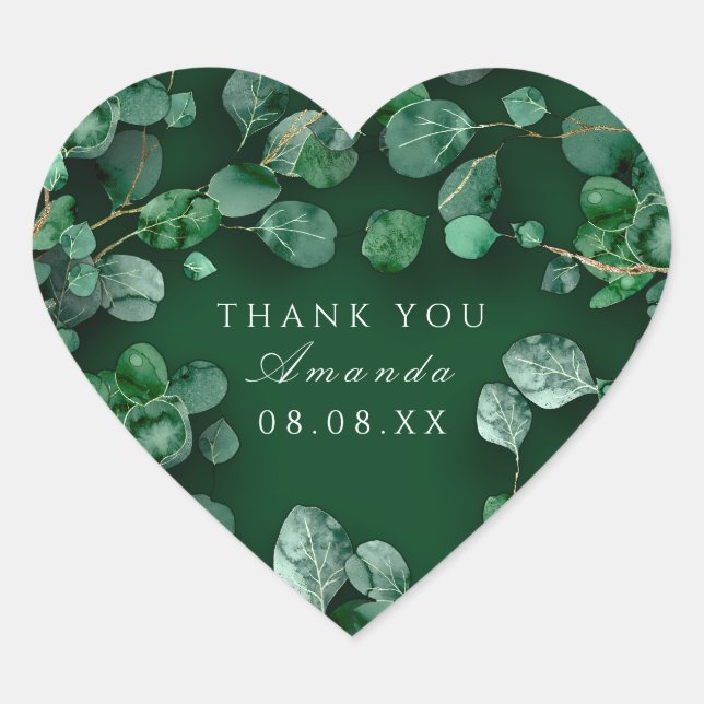 Thank Rustic Green Eucalyptus Woodland Favour Hear Heart Sticker (Front)