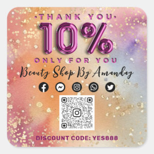 Thank Shopping 10%Off QR CODE Logo Abstract Pink  Square Sticker