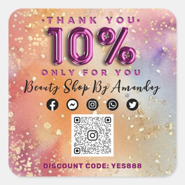 Thank Shopping 10%Off QR CODE Logo Abstract Pink  Square Sticker (Front)