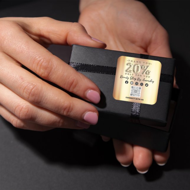 Thank Shopping 20%Off QR CODE Faux Gold Square Sticker (Thank Shopping 20%Off QR CODE Faux Gold Square Sticker)