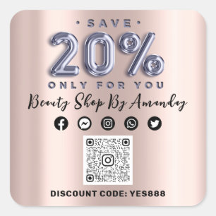 Thank Shopping 20%Off QR CODE Rose Lilac Square Sticker