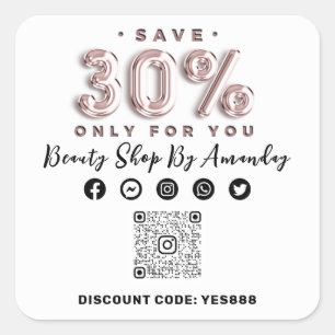 Thank Shopping 30% Off QR CODE Logo Discount White Square Sticker