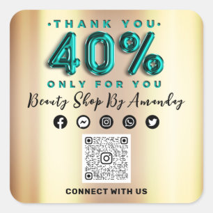 Thank Shopping 40%Off QR CODE Teal Gold Square Sticker