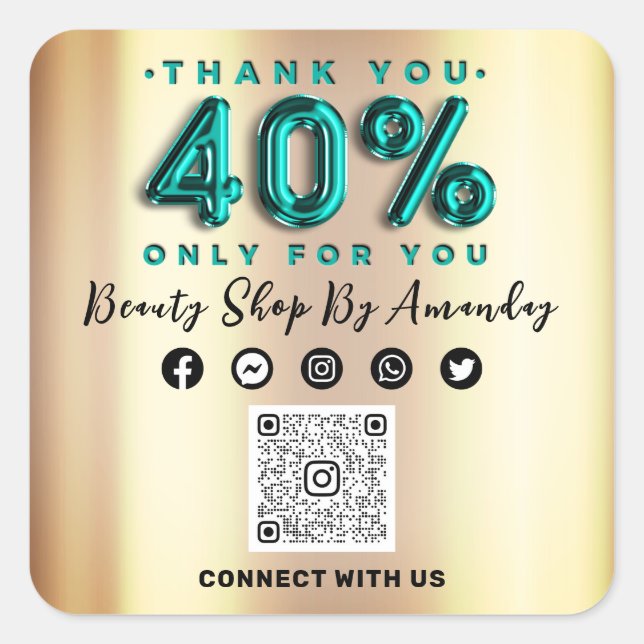 Thank Shopping 40%Off QR CODE Teal Gold Square Sticker (Front)