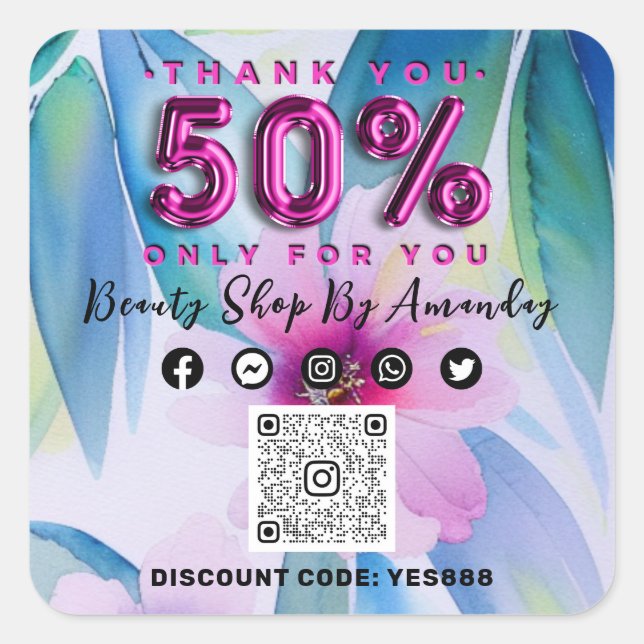 Thank Shopping 50%Off QR CODE Floral Tropical Pink Square Sticker (Front)