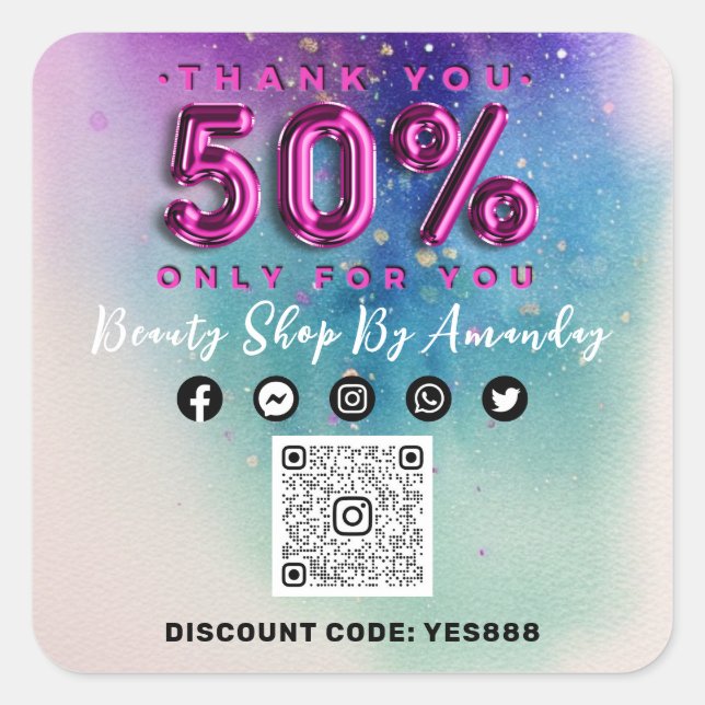 Thank Shopping 50%Off QR CODE Logo Pink Square Sticker (Front)