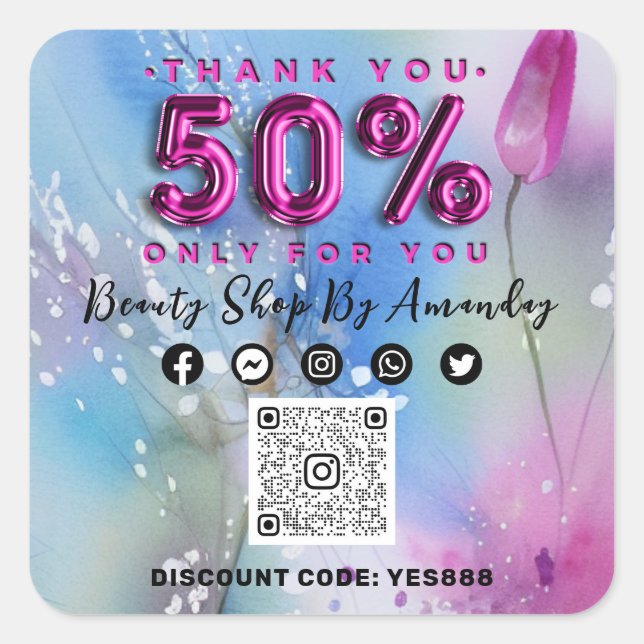 Thank Shopping 50%Off QR CODE Logo Pink Tulp Square Sticker (Front)