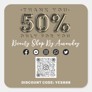 Thank Shopping 50%Off QR CODE Sepia Gold Square Sticker
