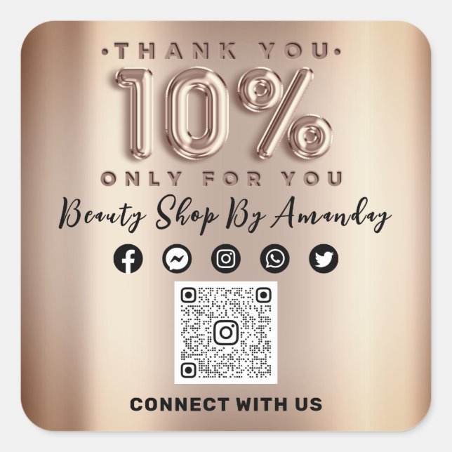 Thank Shopping Rose 10%Off QR CODE Online Social  Square Sticker (Front)