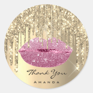 Thank Small Business Name Gold Pink Glam Lips Classic Round Sticker