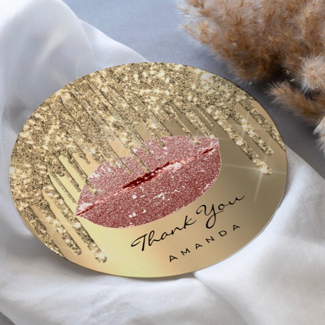 Thank Small Business Name Gold Rose Glitter Lips Classic Round Sticker (Creator Uploaded)