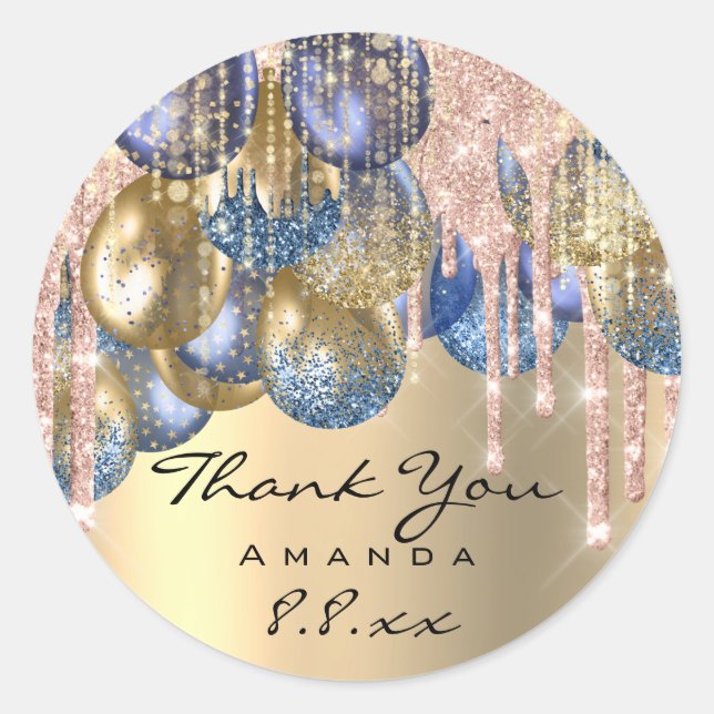 Thank Sweet 16th Birthday Ballons Blue Gold Drips Classic Round Sticker (Front)