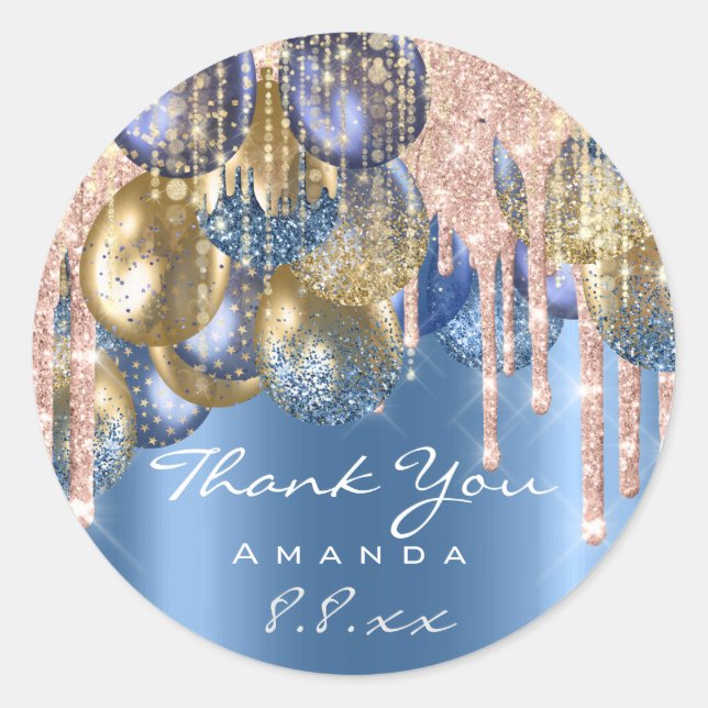 Thank Sweet 16th Birthday Ballons Blue Gold Drips Classic Round Sticker (Front)