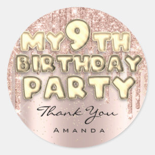 Thank Sweet 9th Birthday Party Glitter Drips Rose Classic Round Sticker