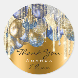 Thank Wedding Birthday Ballons Blue Drips Gold vip Classic Round Sticker